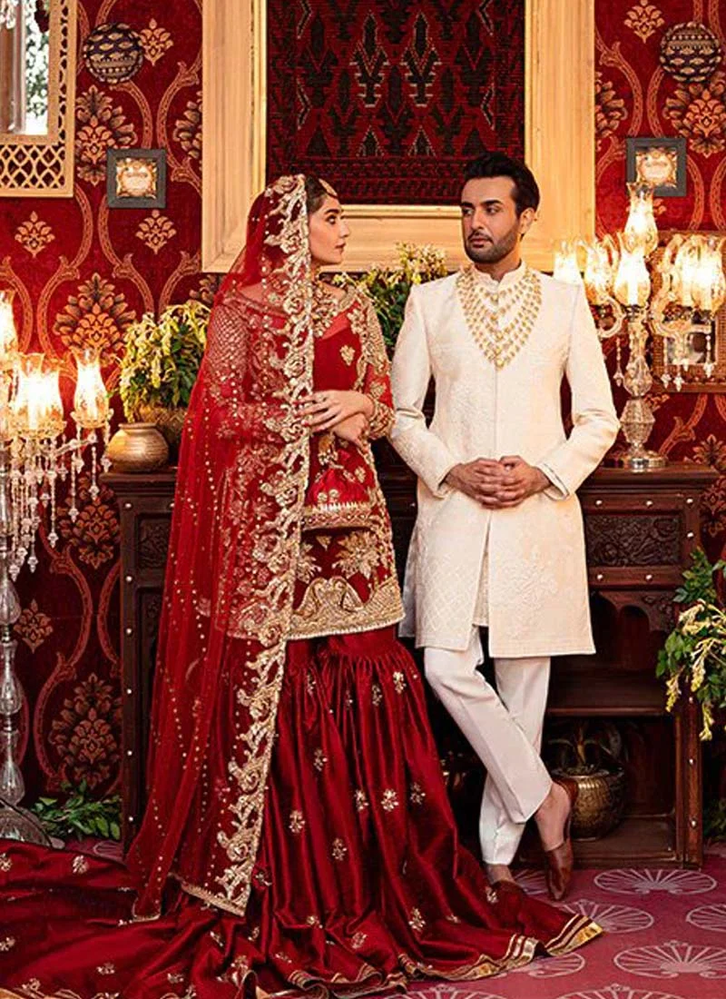 Red tissue silk Farshi gharara with gold-led embroidery, circular full ghera and organza dupatta