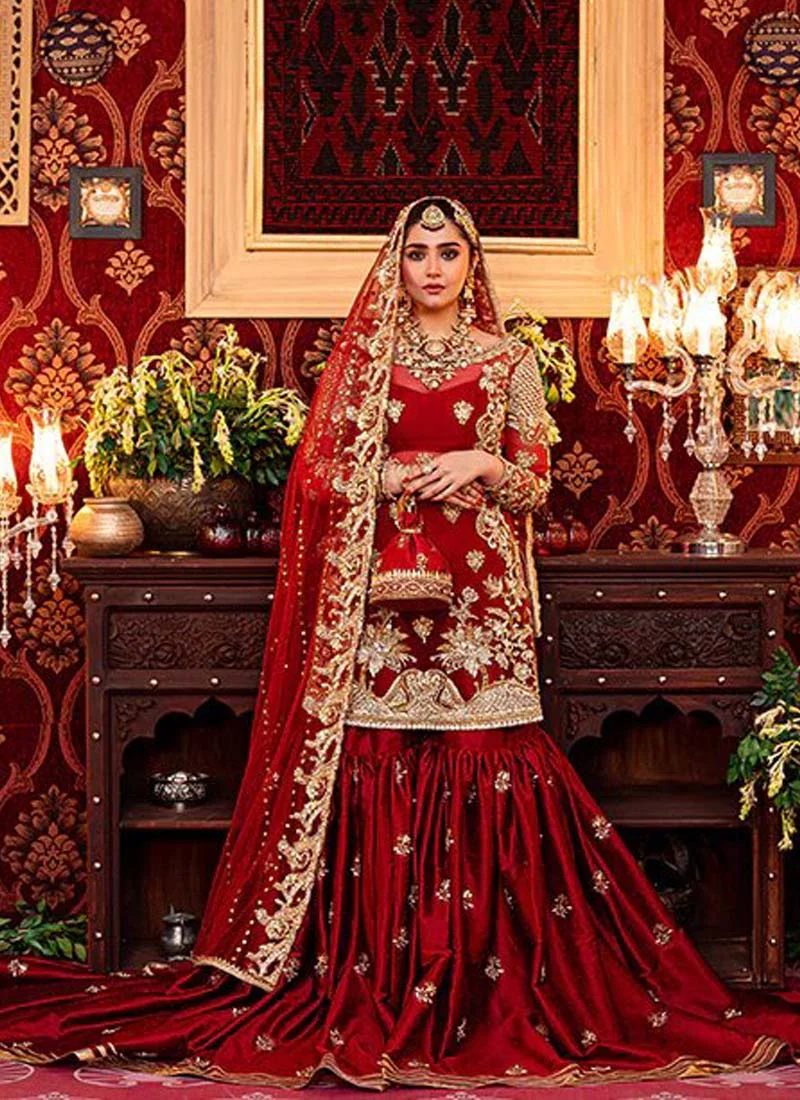 Red bridal gharara with boat-neck kameez, kora embroidery, kiran lace and gota lace