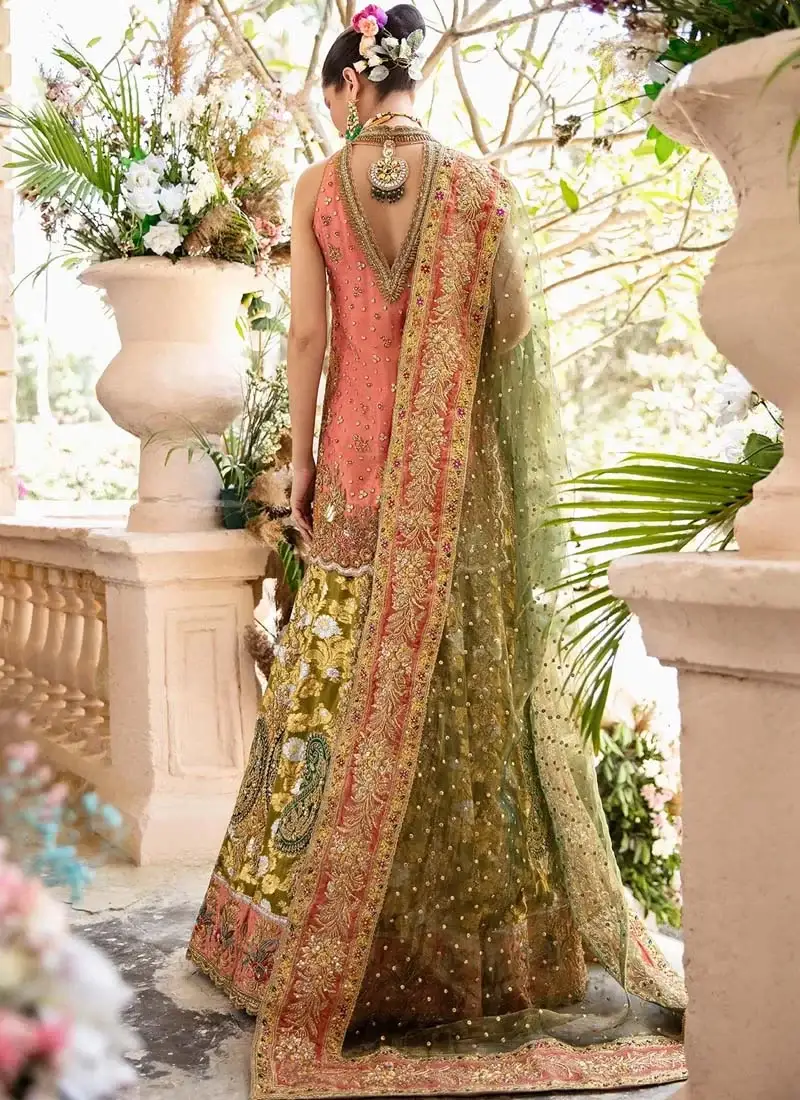 Dusty rose and olive green Mehndi lehenga kurti with gold and rose-gold embroidery, large paisley motifs and pink floral hem