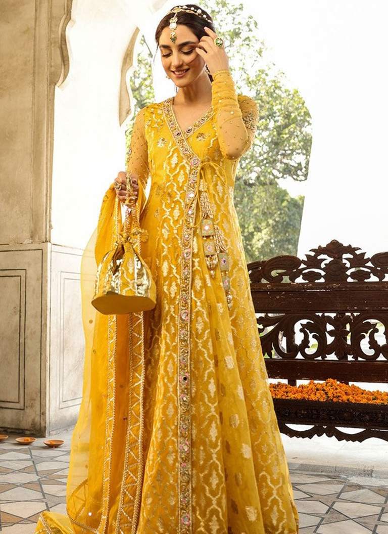 Yellow Angrakha frock with lehenga featuring elegant embroidery and traditional wedding styling