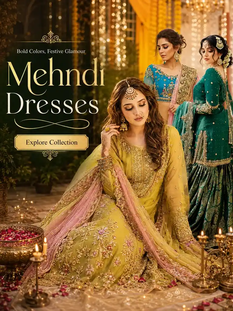 Pakistani Mehndi dresses in yellow, turquoise and green festive styles in Canada