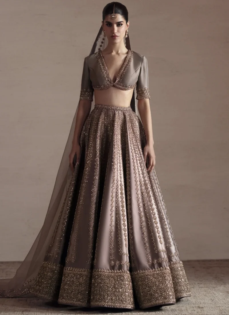 Gray Bridal Lehenga Choli with Criss-Cross Keyhole Back – Gold Embroidery Gray Bridal Lehenga Choli with Criss Cross Keyhole Back – Gold Embroidery