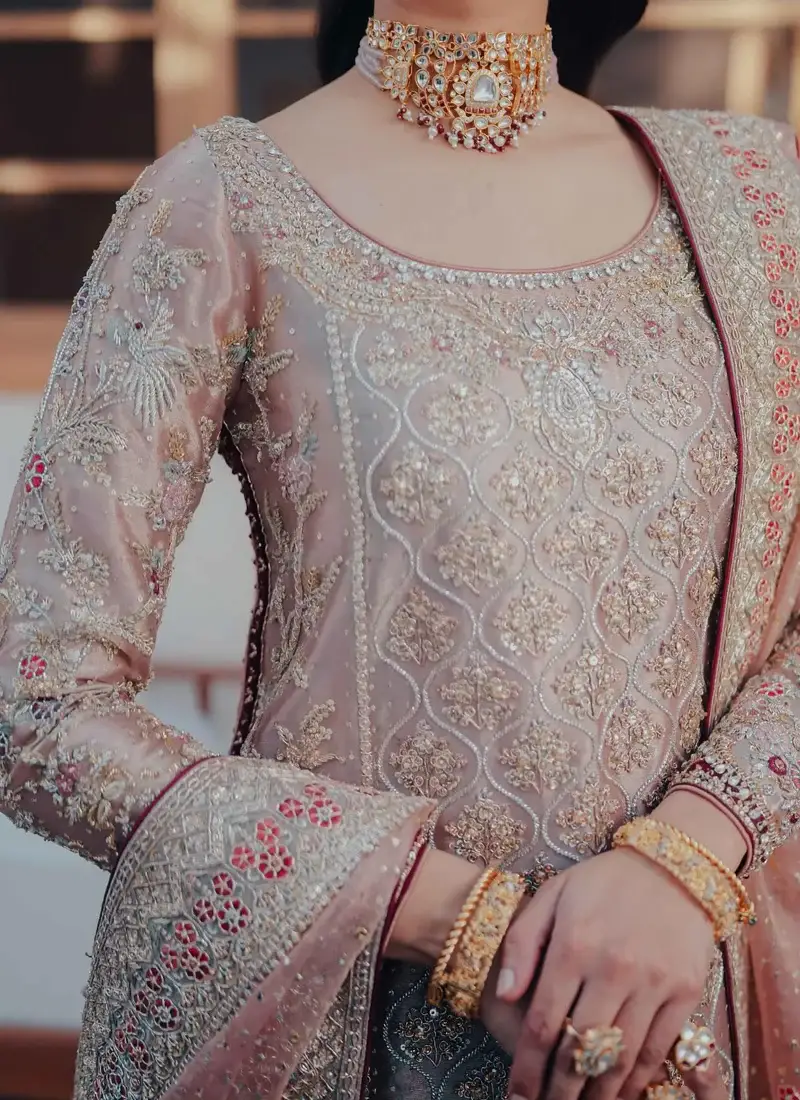 Dusty Pink Nikkah Farshi Gharara with Long Floral Trail Video