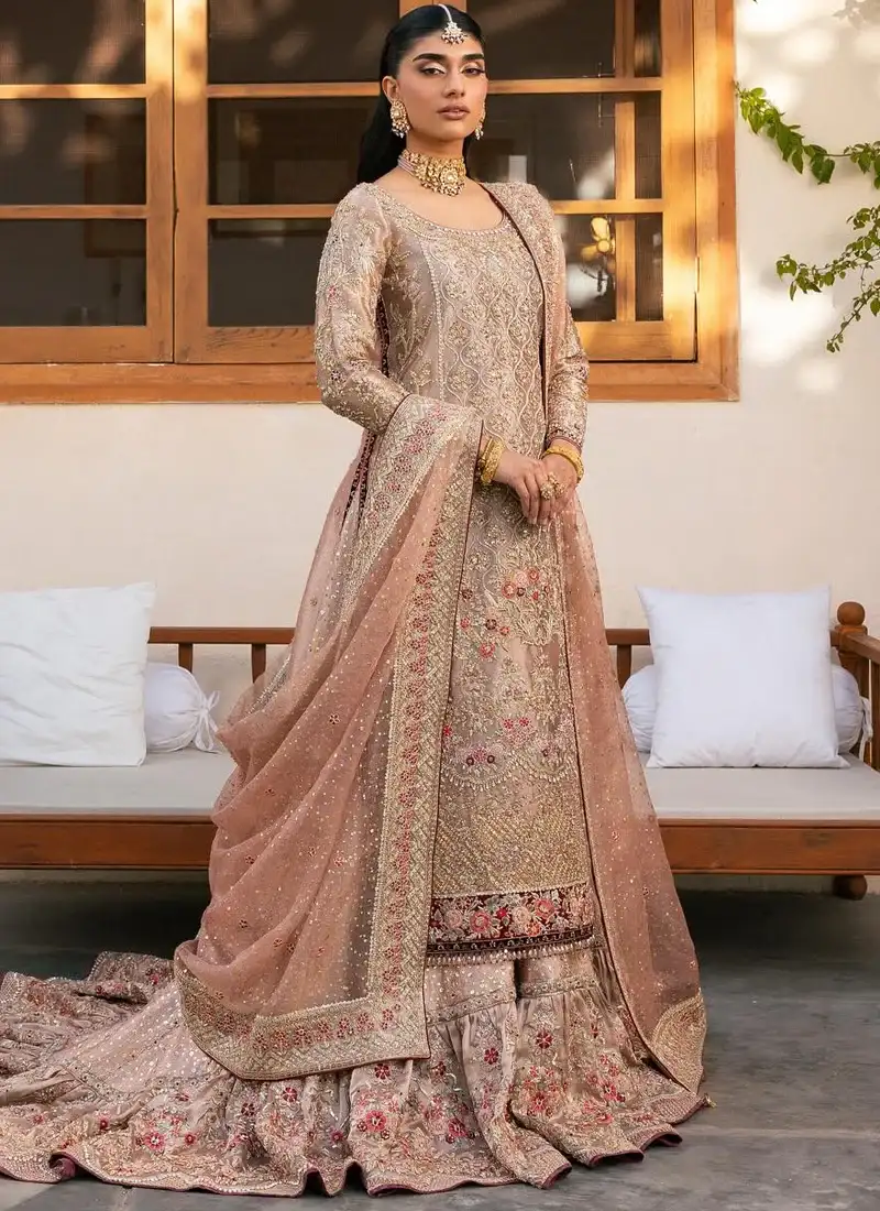 Dusty Pink Nikkah Farshi Gharara with Long Floral Trail