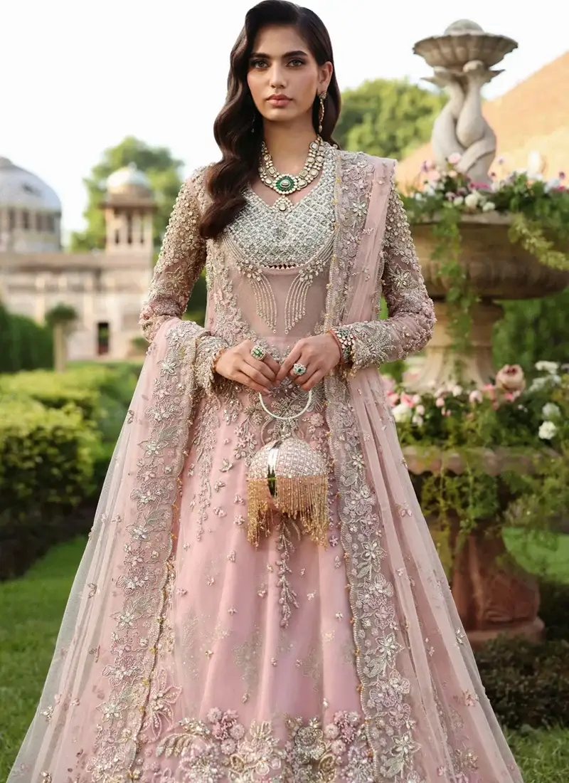 Dusty pink Nikkah long shirt with lehenga, front view showing floral embroidery and bordered dupatta