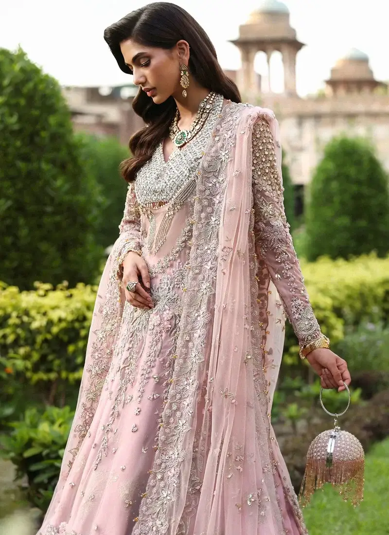 Dusty pink long bridal shirt angled view with beaded bodice, fitted sleeves and sheer floral dupatta