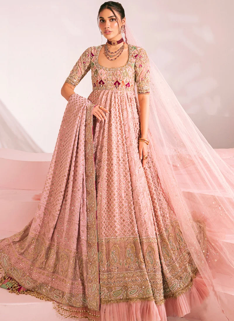 Dusty Pink Nikkah Maxi with Paisley Hem Border Dusty pink bridal pishwas, full front view, with gold paisley hem embroidery and two draped dupattas.