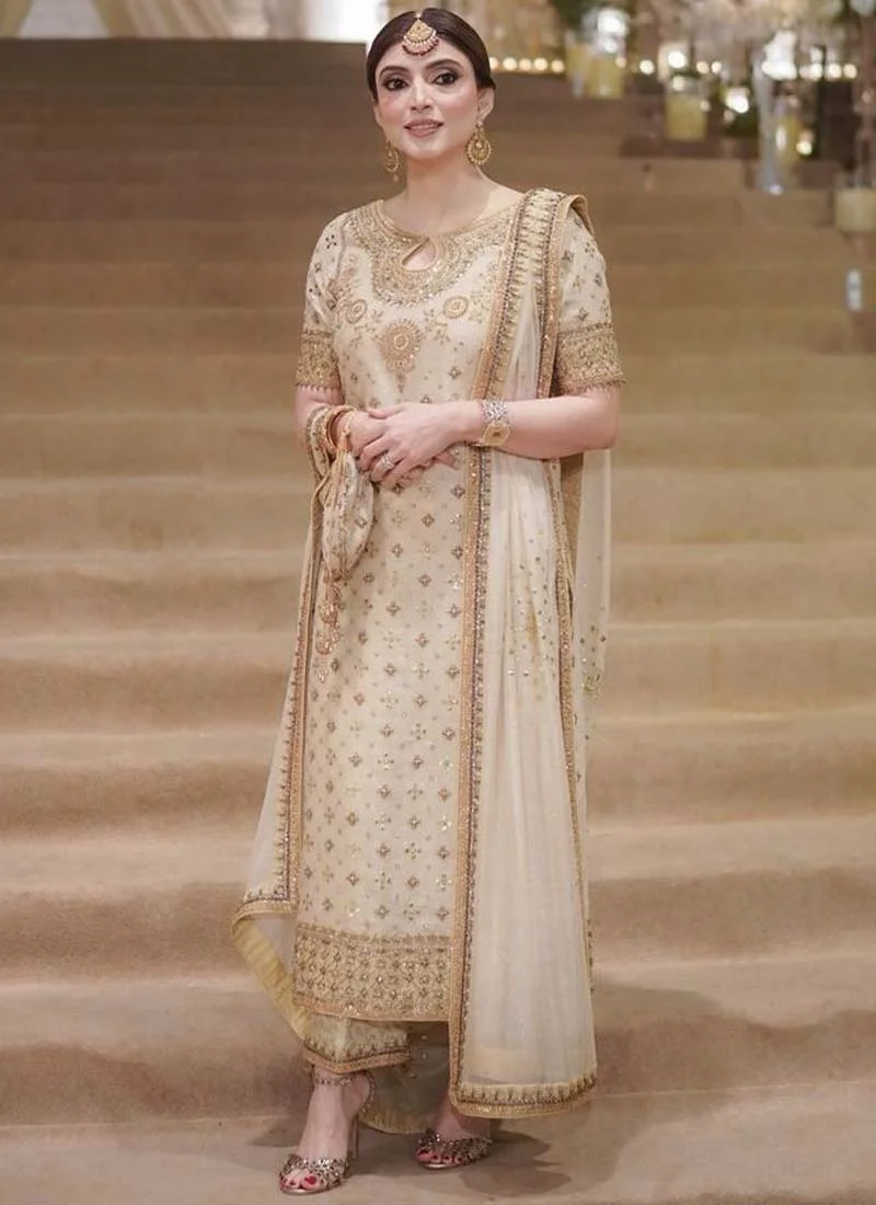 Ivory Wedding Guest Long Shirt Trousers Suit with Teardrop Keyhole Neckline Ivory gold formal long shirt, front close-up showing teardrop keyhole neckline and intricate gold embroidery