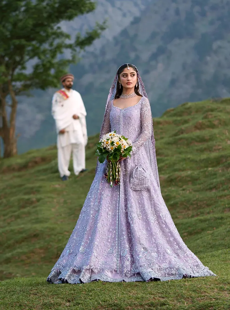 lavender-walima-front-open-gown-lehenga-with-scalloped-border-01 Lavender Walima open gown with lehenga, full front view with silver embroidery and scalloped hem border