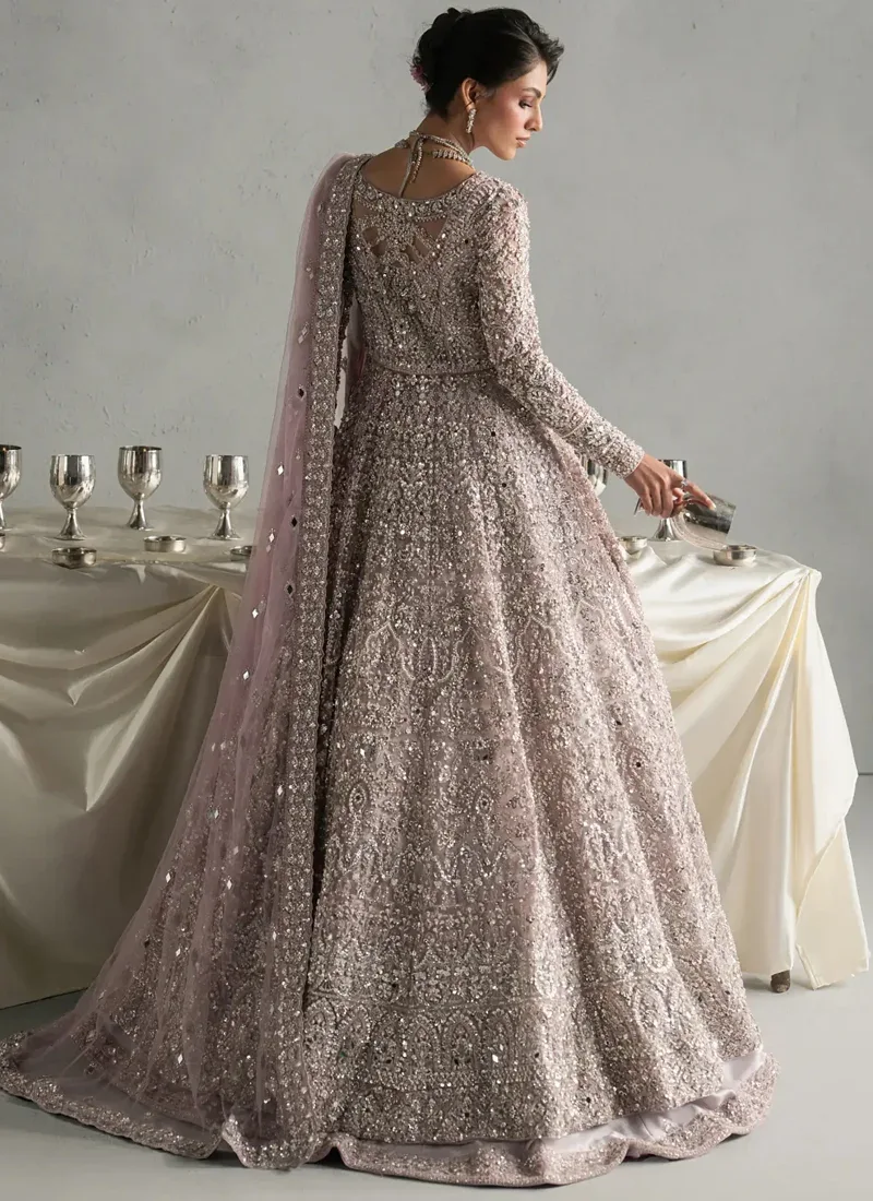 Lilac open bridal gown side-front view with round neckline, embellished waist and sheer organza dupatta