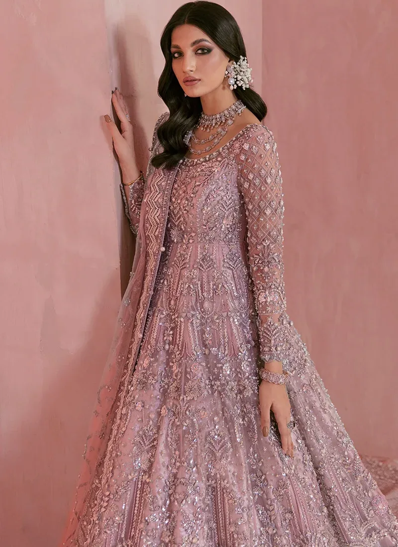 Mauve bridal maxi, front full-length view showing ornate embroidery, a broad hem border and trailing back skirt