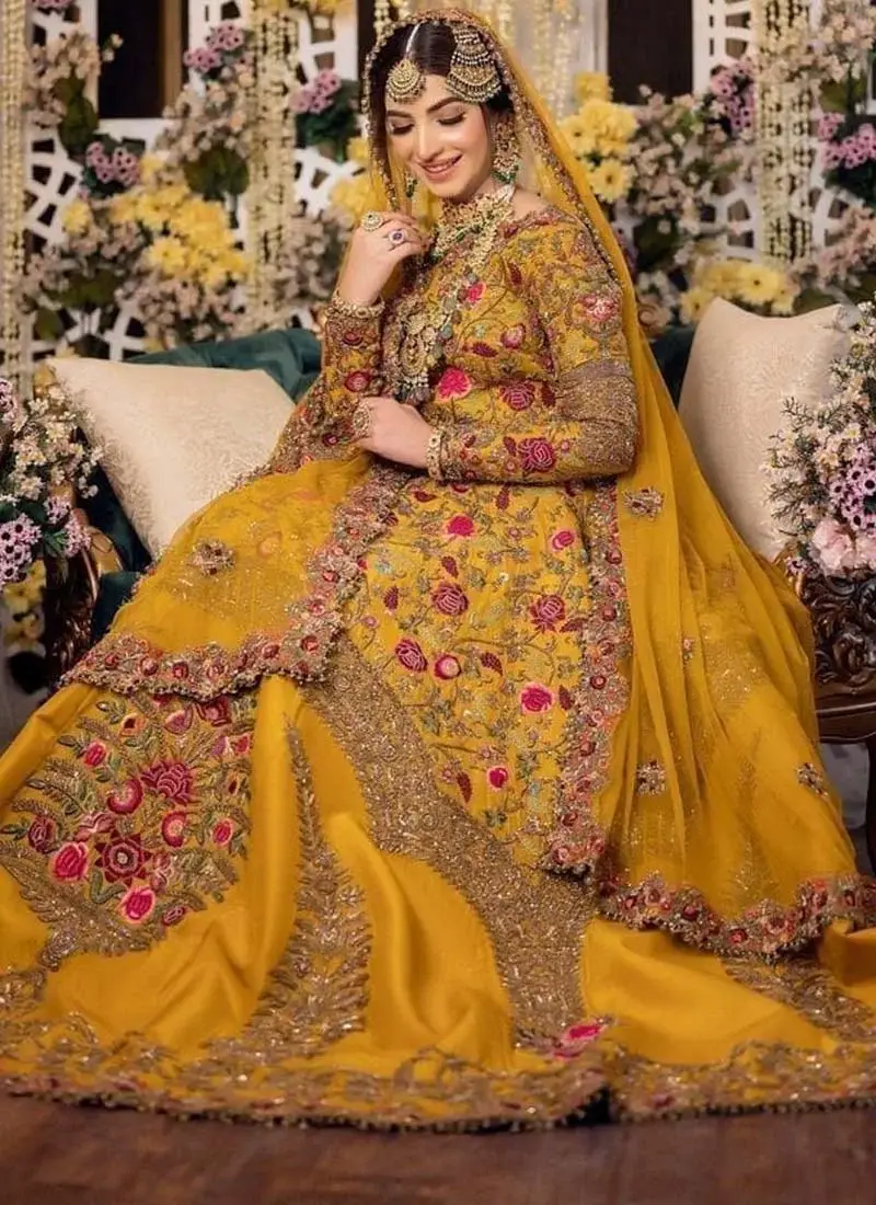 Mustard Mehndi Lehenga Choli with Floral Tree Motifs Video