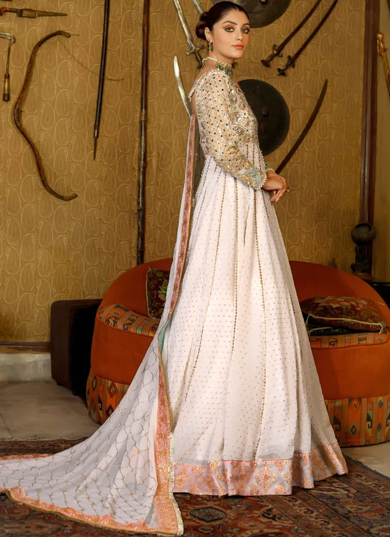 Off white nikkah pishwas full front view with peach-gold embroidered hem and sheer lattice dupatta