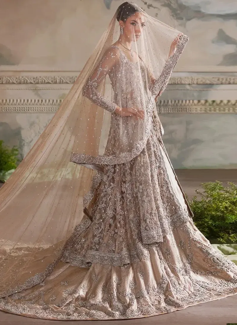 Peach bridal pishwas close-up showing sheer embroidered sleeves and a crystal-dotted net veil
