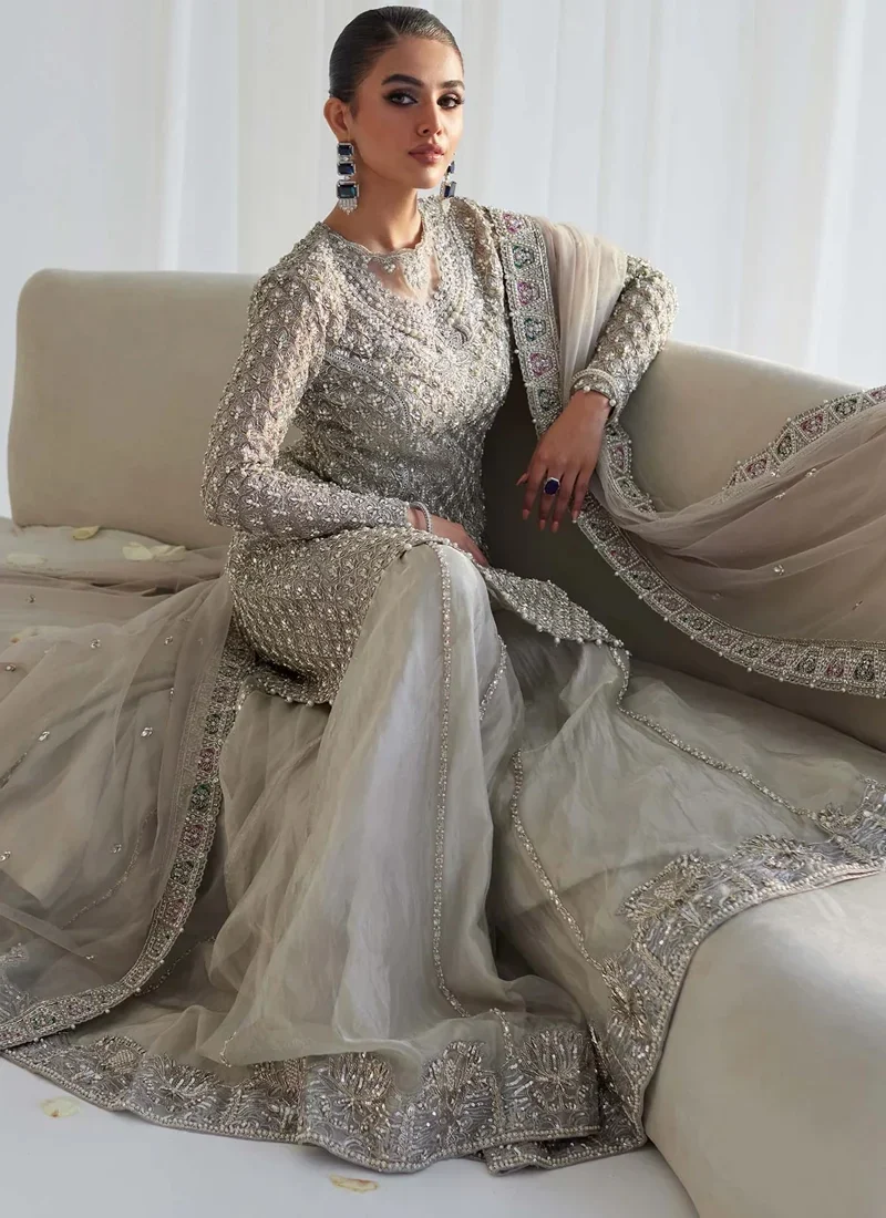 Silver Nikkah frock with lehenga full-length front view featuring a flared skirt and pastel-tiled dupatta border