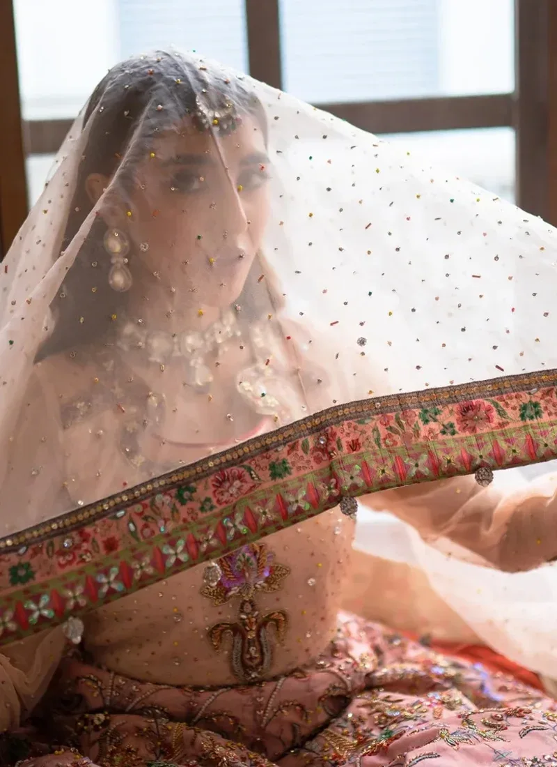 Salmon pink bridal Anarkali maxi front view with an ornate chest motif and embroidered flared skirt