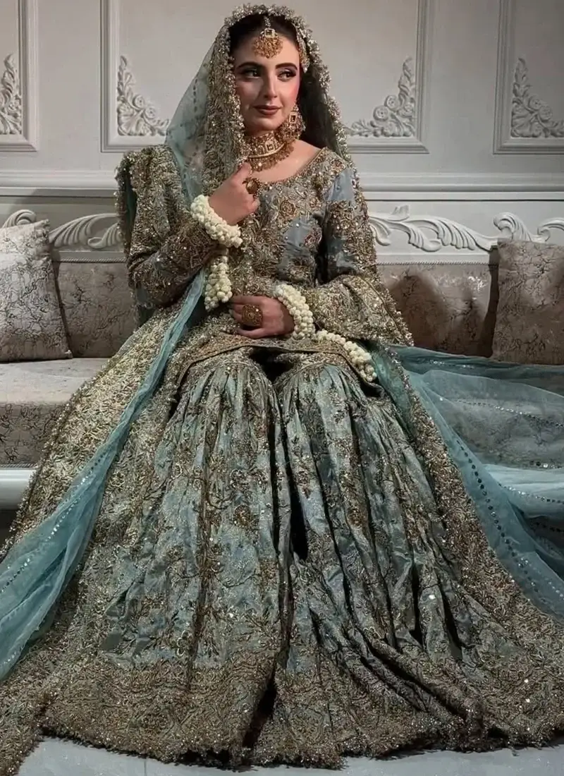 Teal Nikkah Farshi Gharara with Scalloped Zardozi Hem Video