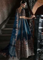 Zinc Blue Walima Lehenga Choli with Paisley Lattice Hem Video